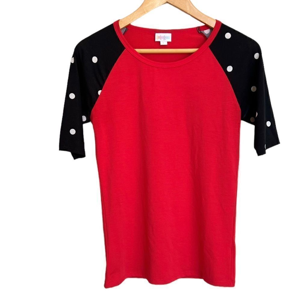 LuLaRoe Randy Tee Red with Black Sleeves and White Polka Dots Size Small